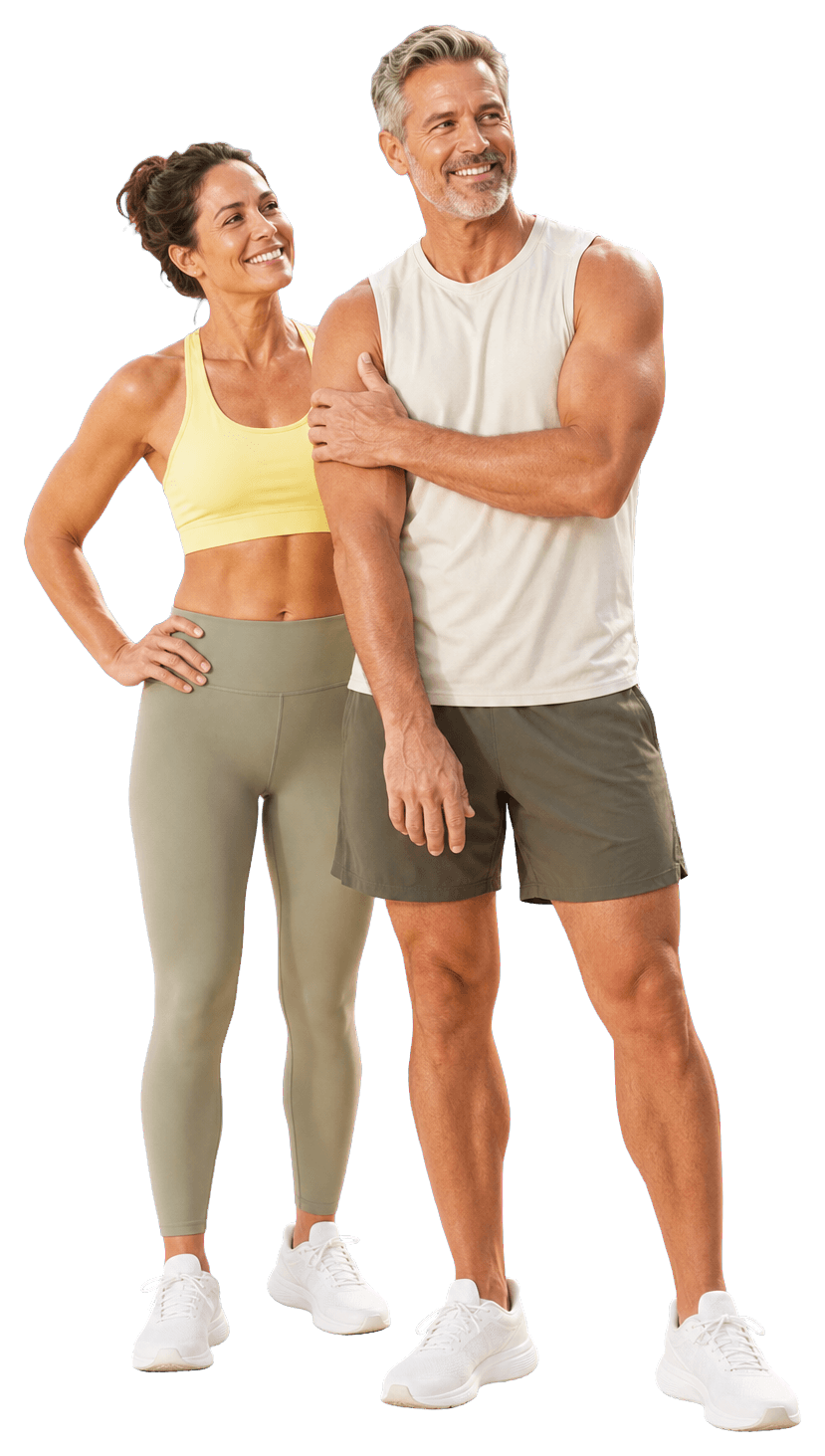 Active couple in lemon and ivory training wear for Sermorelin sleep and fatigue review.