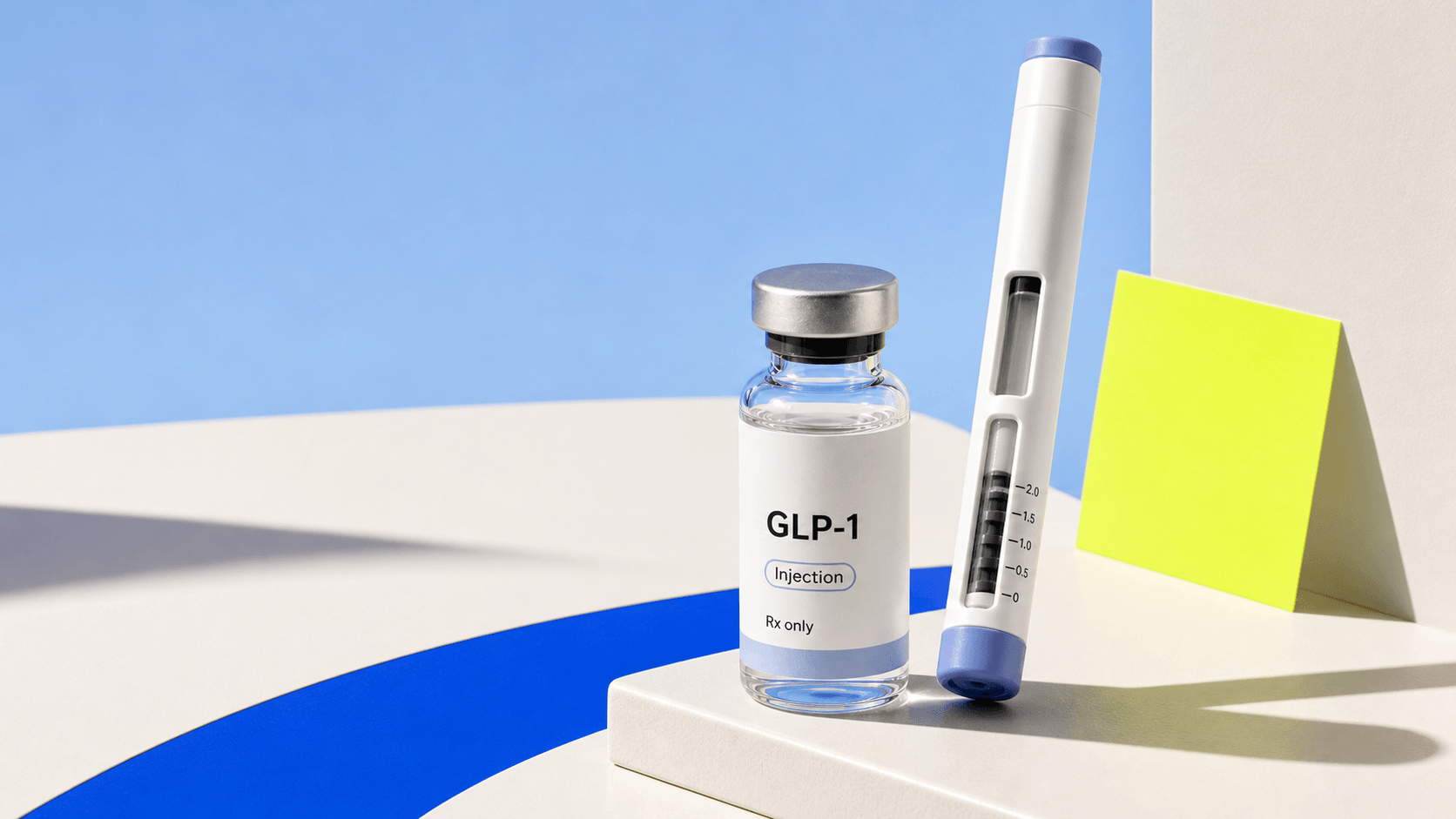 Generic GLP-1 vial and injection pen arranged on ivory, cobalt, and lime product surfaces.