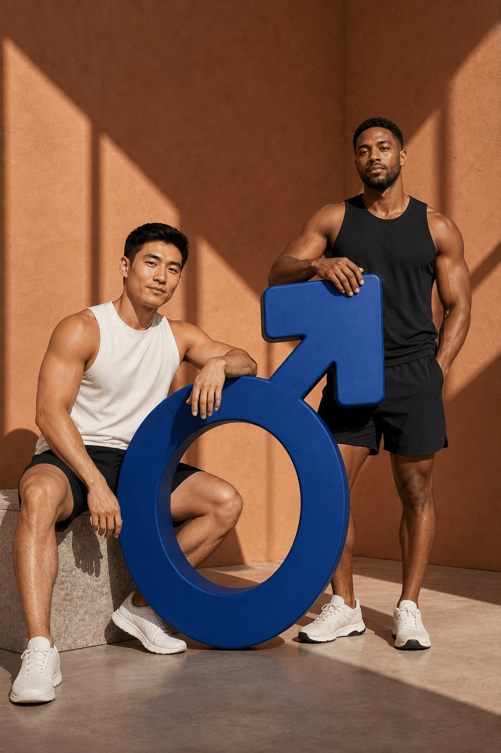 Two training partners with a blue male-symbol prop in a sunlit terracotta courtyard.