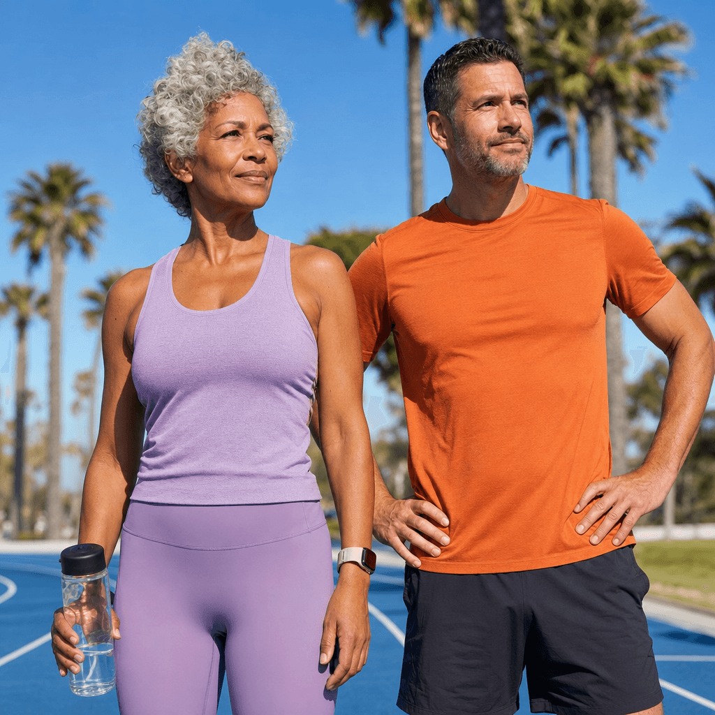 Two adults standing on an outdoor running track