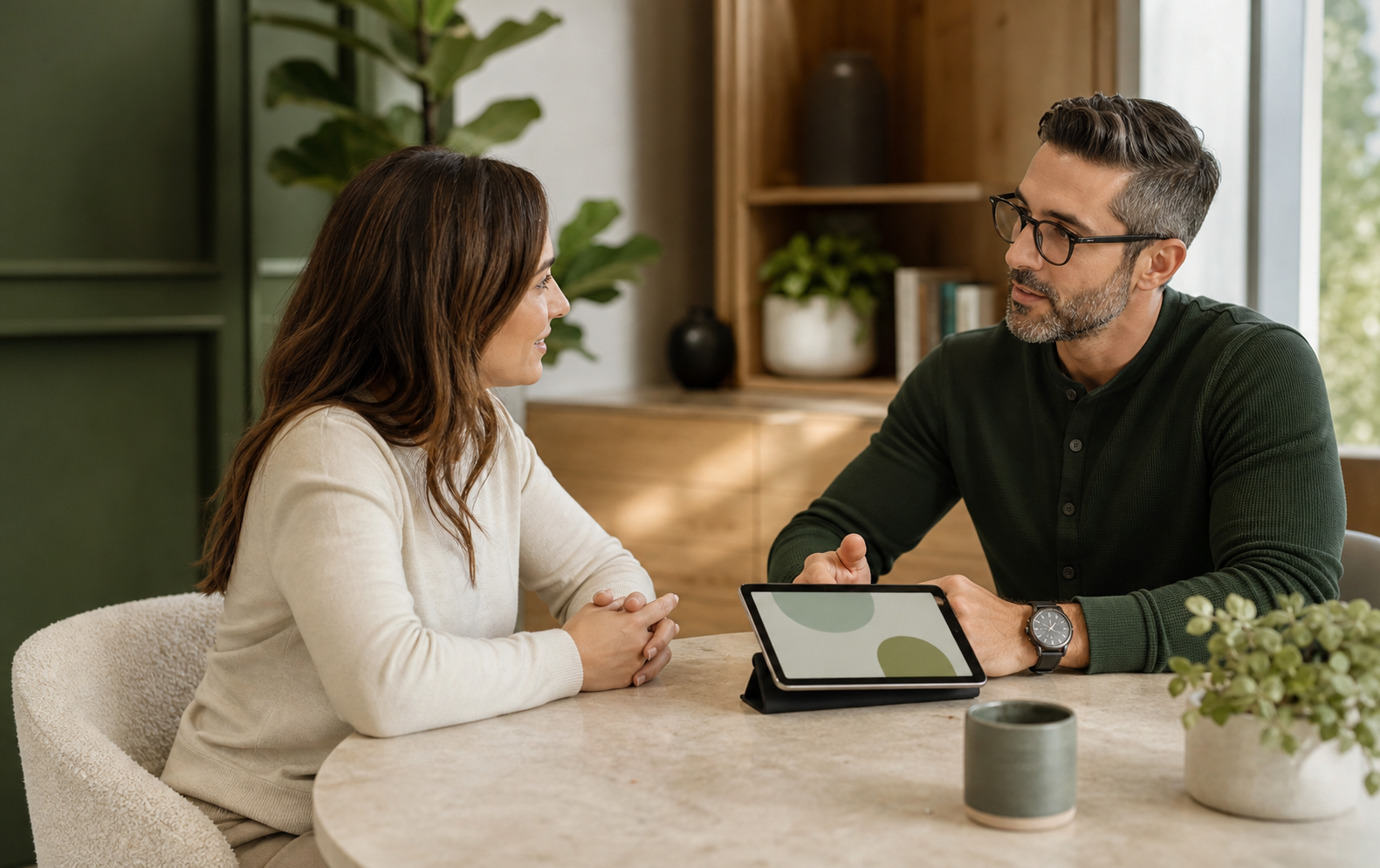 A clinician and patient having a relaxed consultation in a warm wellness setting